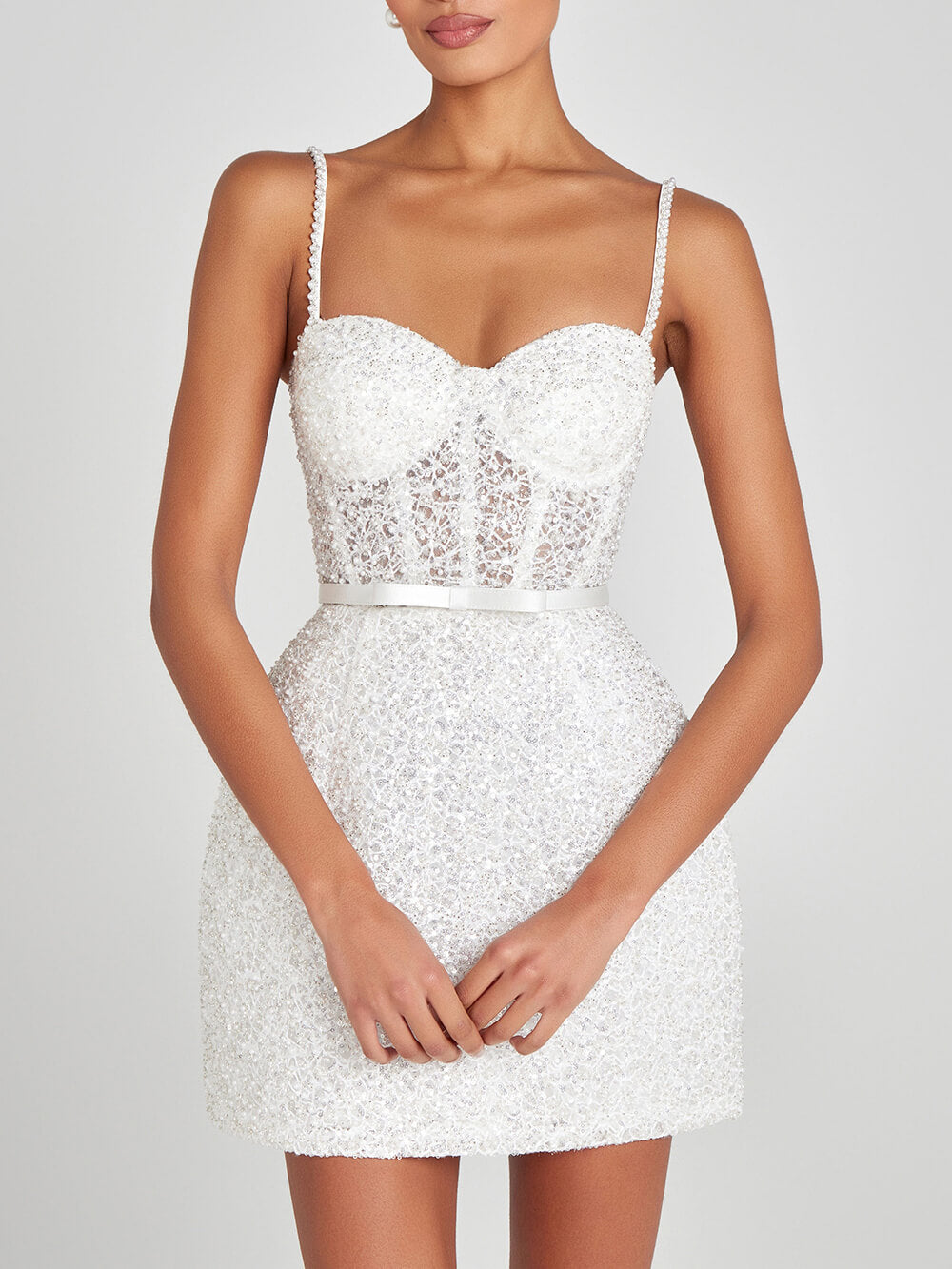 Delicate Sequin Bow Party Mini Dress White