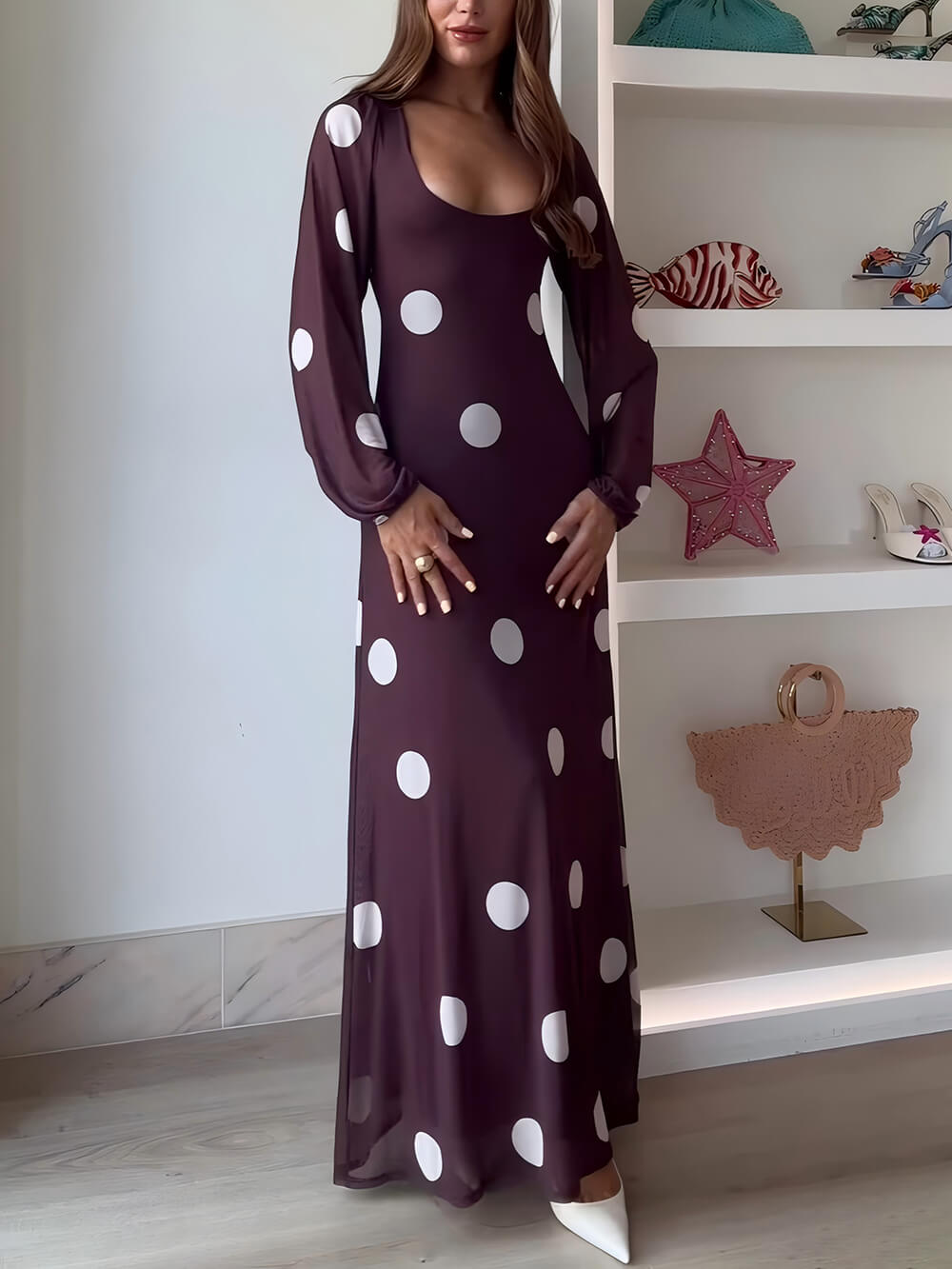 Elegant Polka Dot Print Lantern Sleeve Maxi Dress Brown