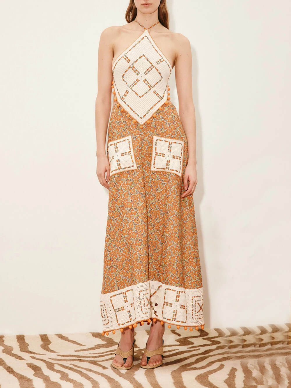 Retro Print Crochet Backless Maxi Dress Orange