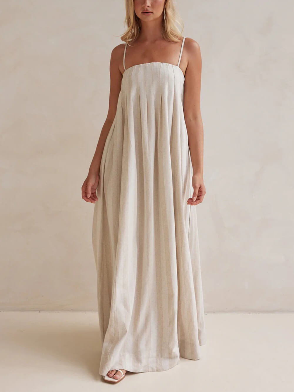 Delicate Striped Patchwork Ruched Casual Cami Maxi Dress Beige