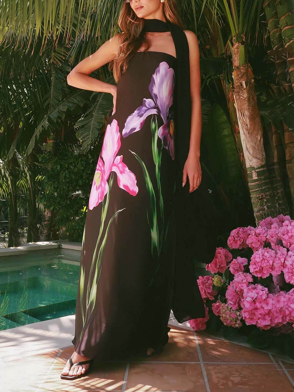 Elegant Printed Off-the-Shoulder Scarf Maxi Dress Black