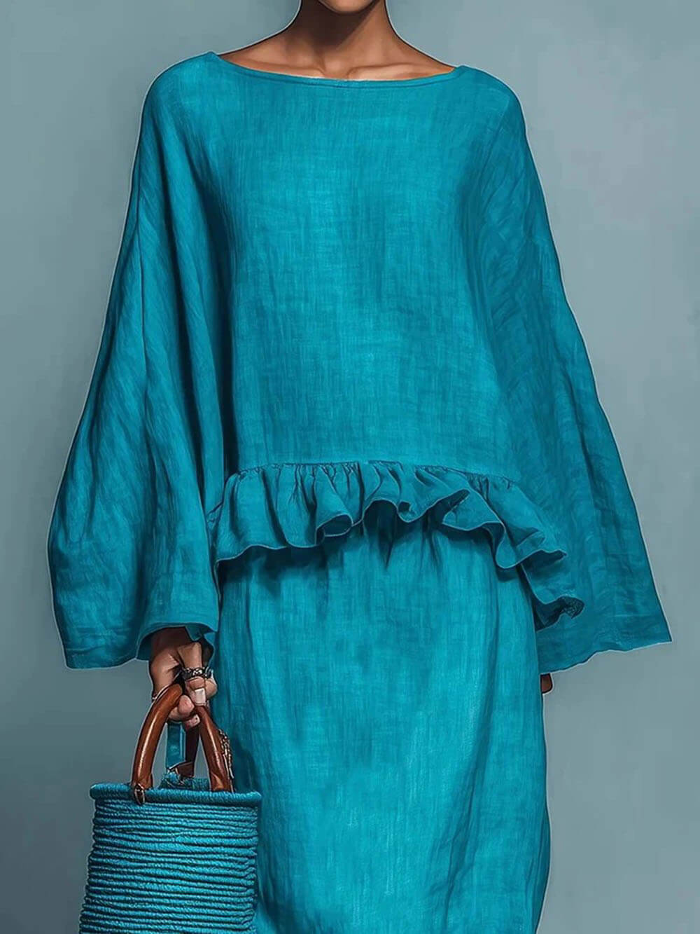 Fashion Street Style Ruffle Loose Top And Elastic Waist Skirt Set