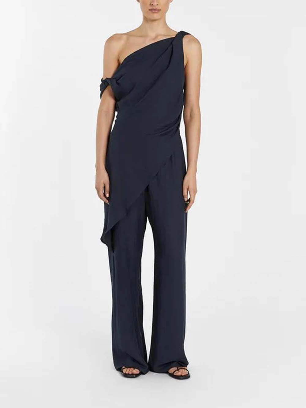 Casual Asymmetrical Twist Detailing Top Linen-Blend Pants Set Navy Blue