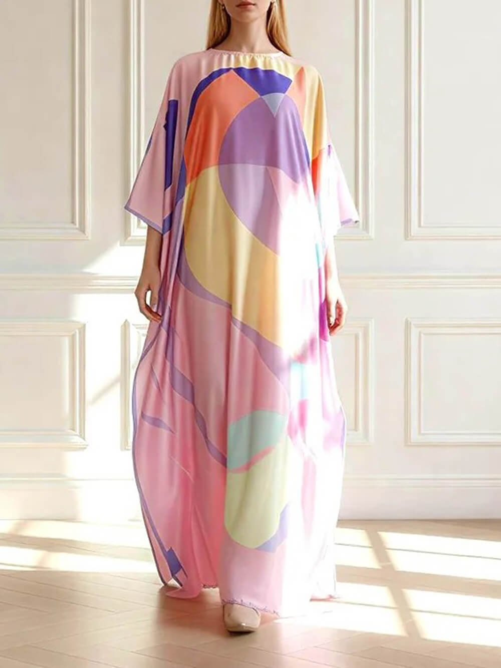 Casual Geometric Print Kimono Maxi Dress Multicolor