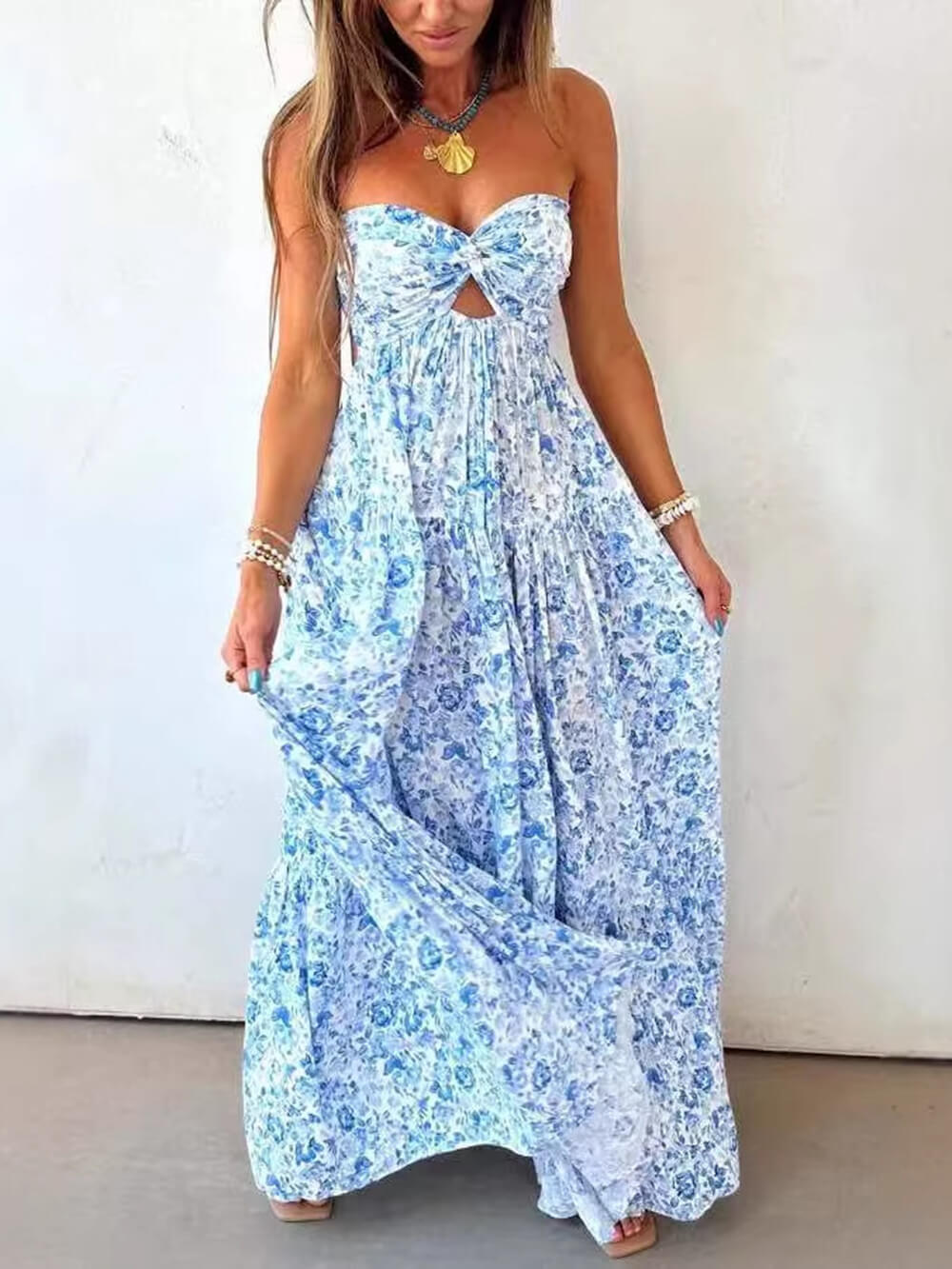 Bohemian Strapless Floral Twist Cutout Flowy Maxi Dress Blue