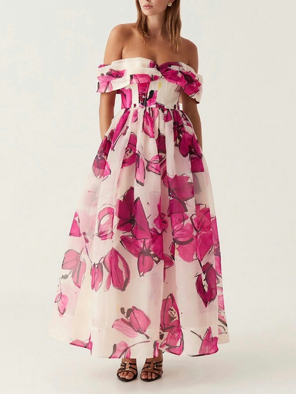 Delicate Playful Floral Print Cinched Waist Maxi Dress Pink