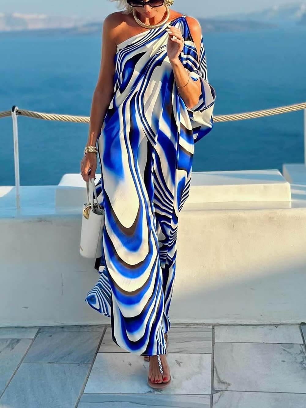Unique Printed Cutout One-shoulder Holiday-style Loose Maxi Dress Blue