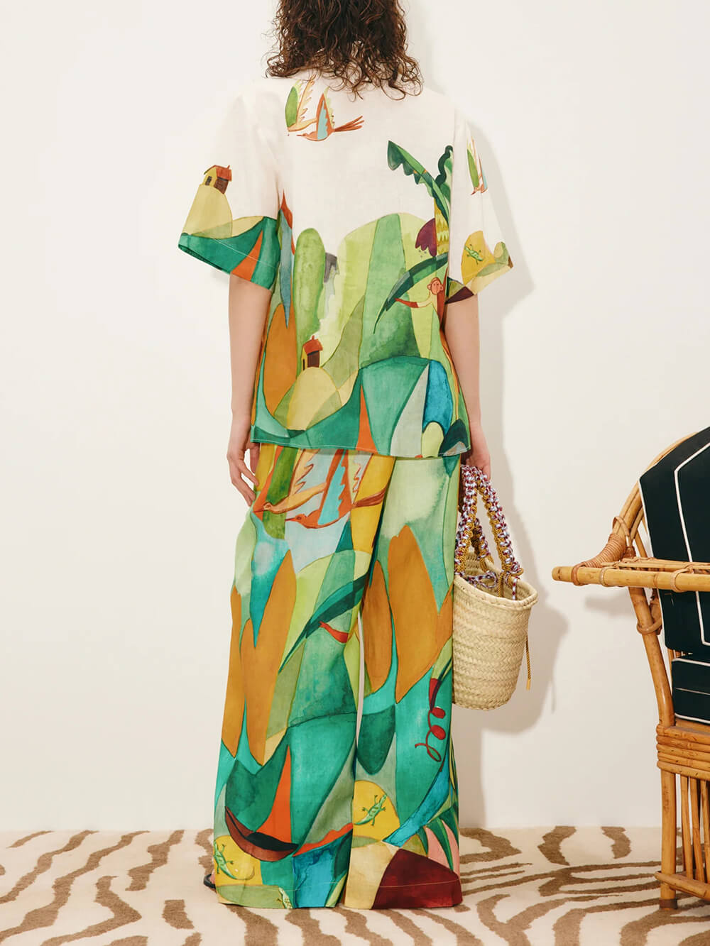 Unique Modern Linen Abstract Print Button-Up Shirt And Loose Wide-Leg Pants Set