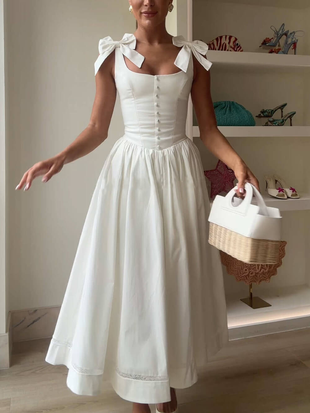 Retro Drape Bow Pleated Midi Dress White