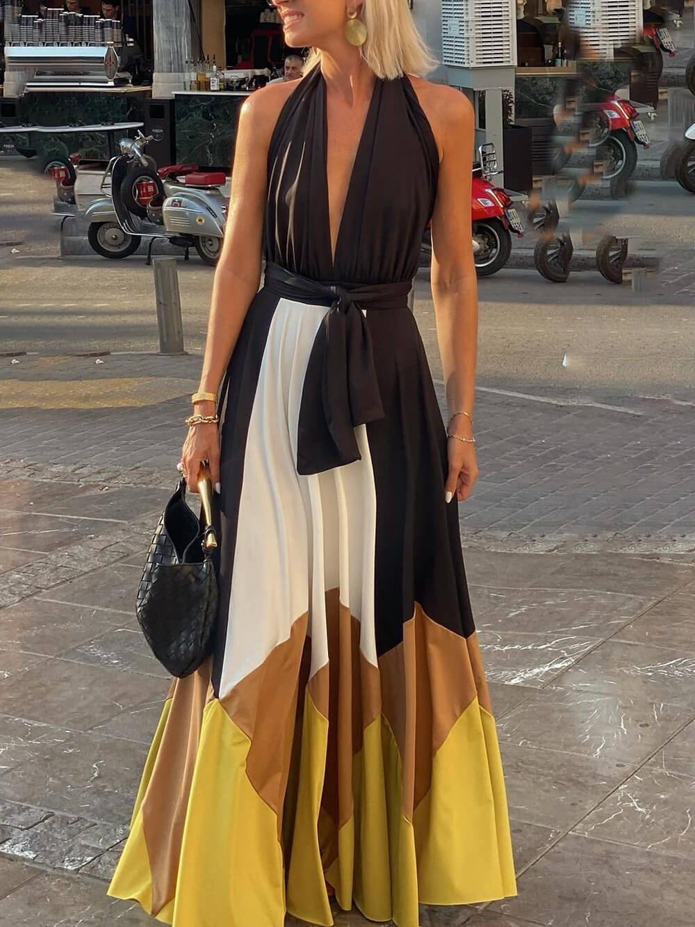 Elegant Geometric Patchwork Backless Tie-Back Maxi Dress Multicolor