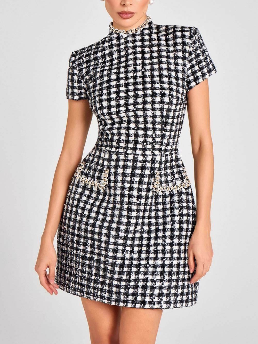 Elegant Sequin Beaded Plaid Tweed Mini Dress Black