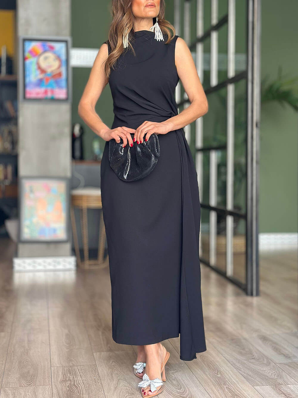 Exquisite Romantic Night Unique Pleated Back Slit Maxi Dress Black