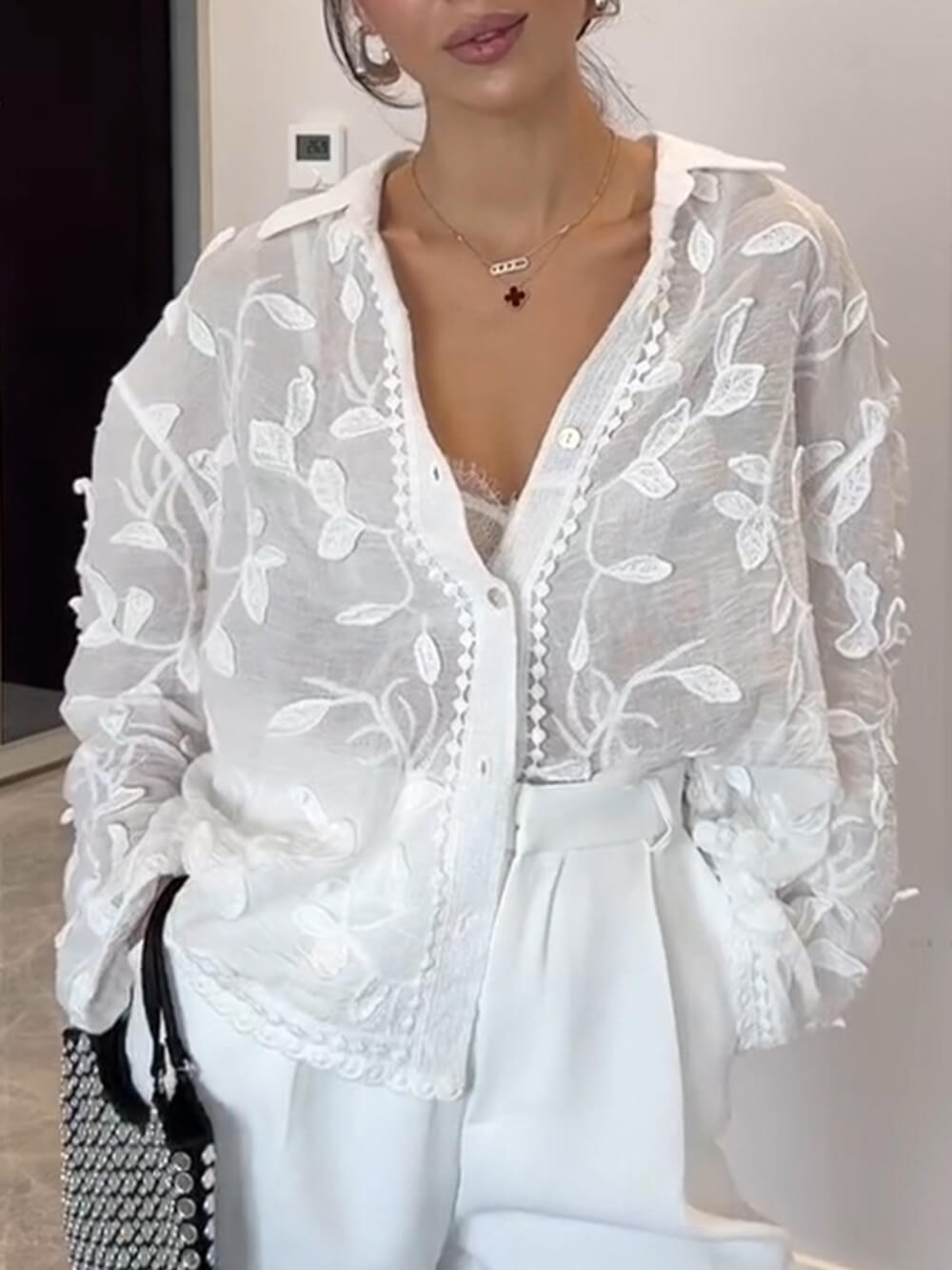 Exquisite Lapel Long Sleeves Embroidered Loose Top White