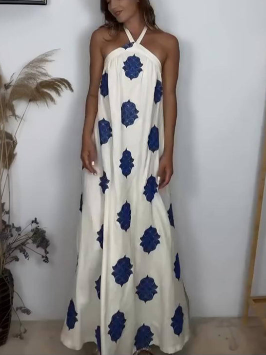 Elegant Printed Halter Backless A-Line Maxi Dress