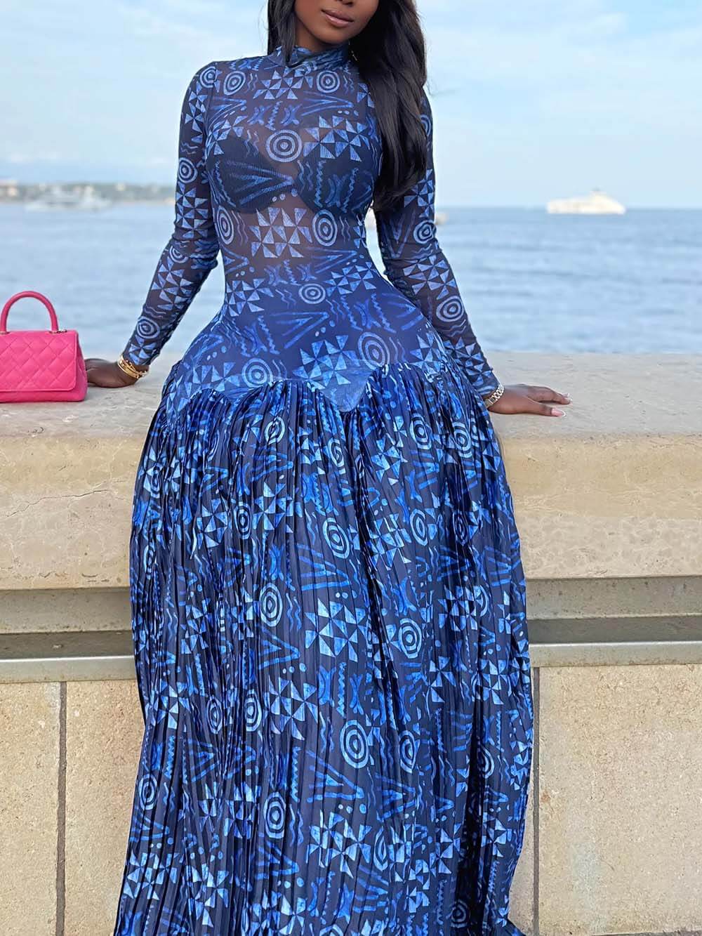 Unique Mesh Ruched Panel Print Stretch Maxi Dress Blue
