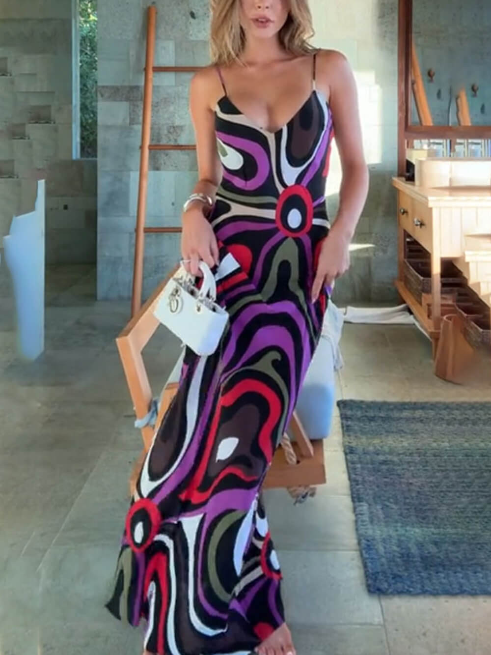 Retro Printed Satin Backless Maxi Dress Multicolor