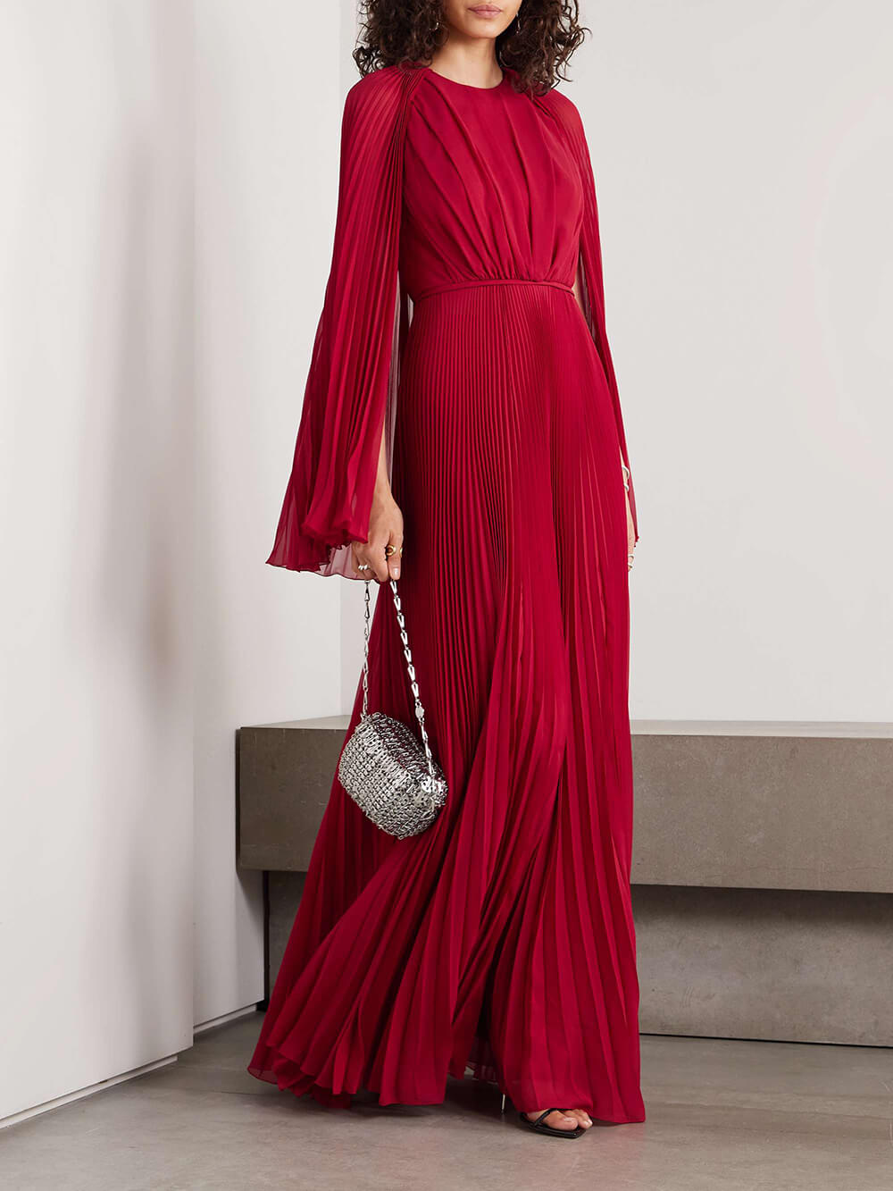 Exquisite Cape Effect Pleated Chiffon Maxi Dress Red