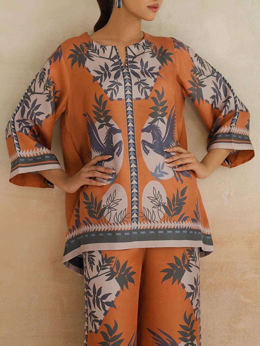 Retro Modern Floral Print Contrast Loose Oversized Shirt Orange