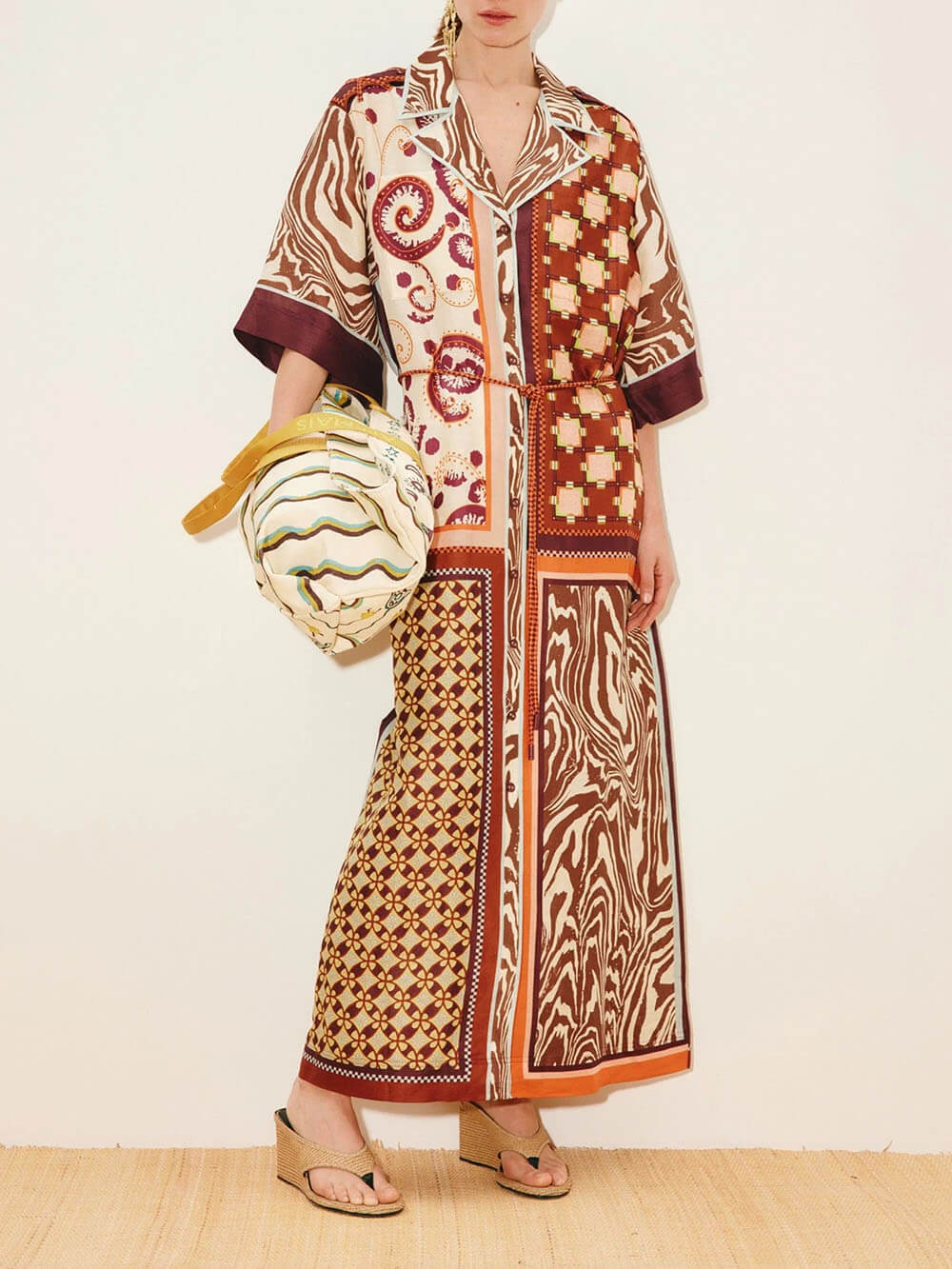 Unique Color-Block Print Side Pocket Loose Maxi Shirtdress Multicolor