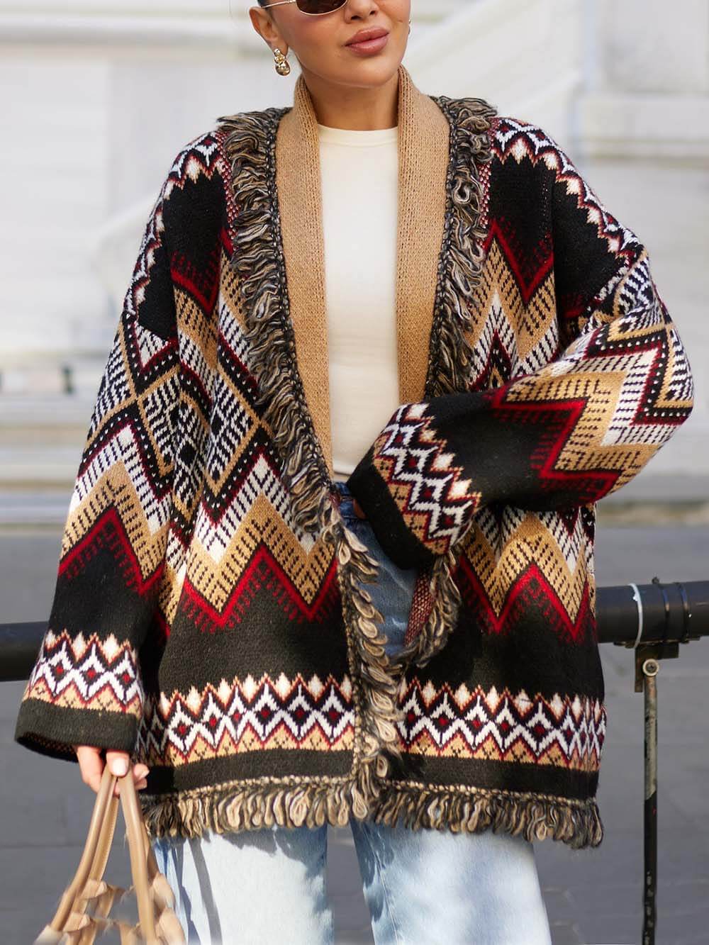 Retro Ethnic Print Fringe Panel Loose Cardigan Multicolor One Size