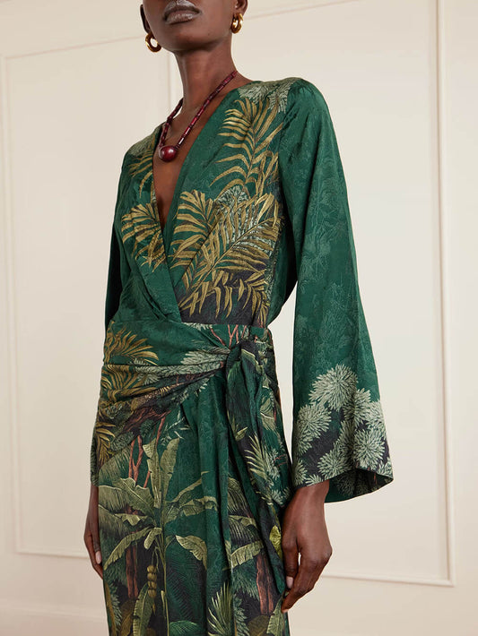 Fashionable Printed Satin Wrap Midi Dress
