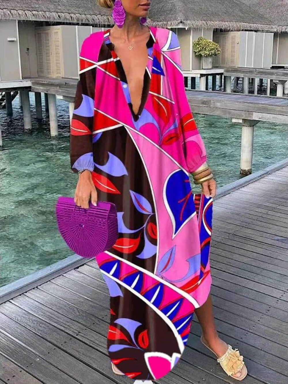 Bohemian V-Neck Printed Maxi Dress Red