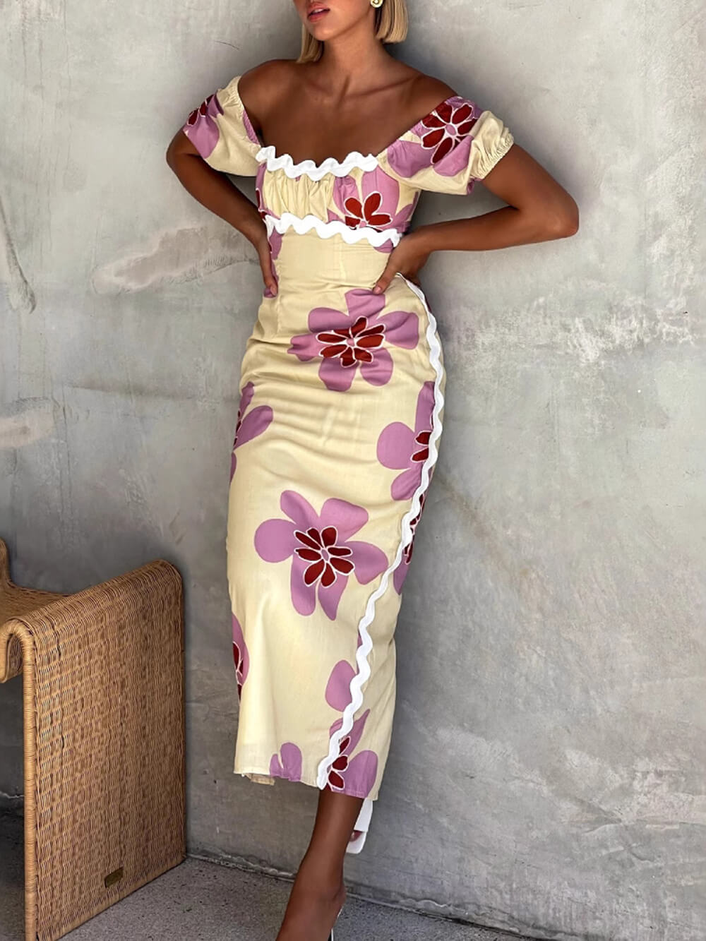 Casual Summer Linen Floral Print Midi Dress Light Yellow