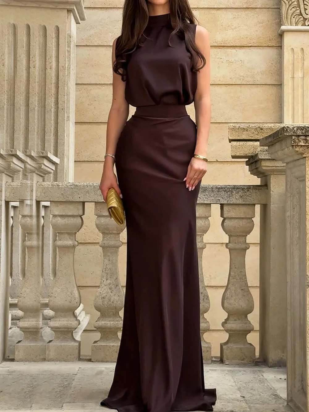 Exquisite Chocolate Brown High-neck Sleeveless Maxi Dress Chocolate