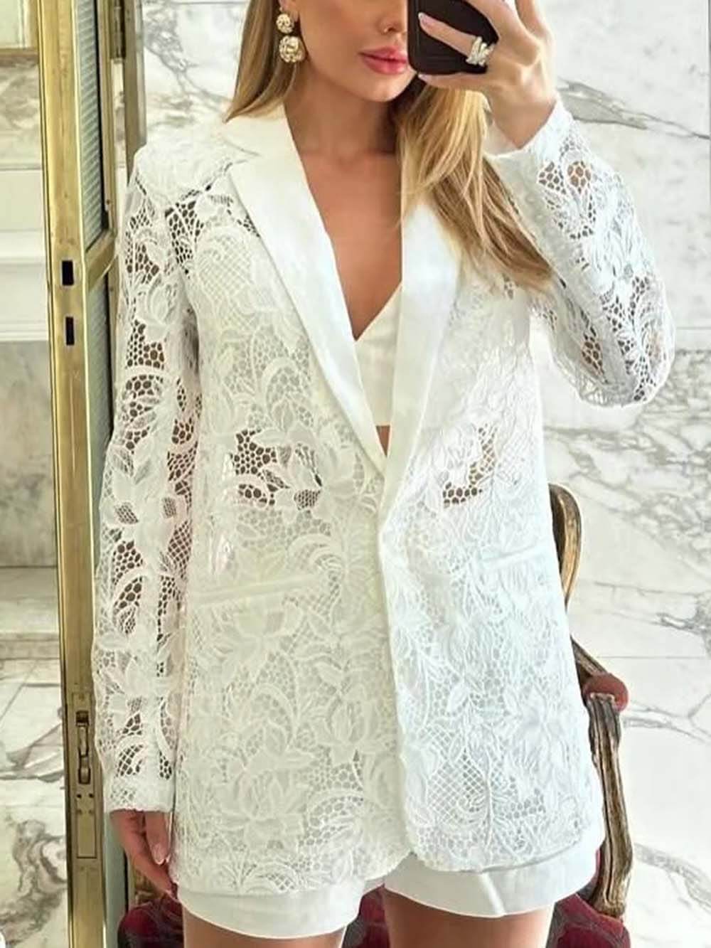 Elegant Lace Hollow Out Blazer White