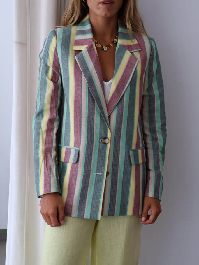 Classic Striped Print Lapel Pocket Blazer Multicolor