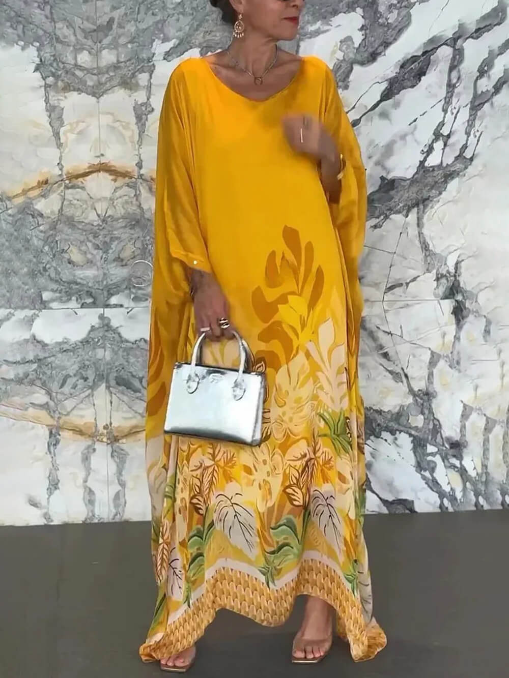 Vacation Plant Print Batwing Sleeve Kaftan Oversized Maxi Dress Yellow