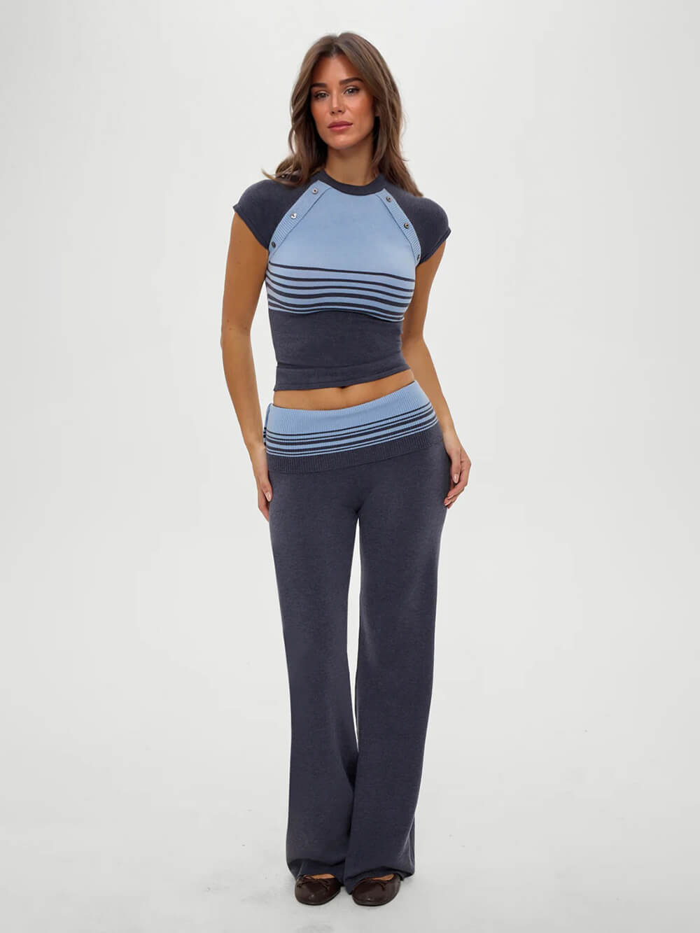 Retro Striped Button-Up Knit Shirt And Low-Rise Knit Pants Set Blue Set