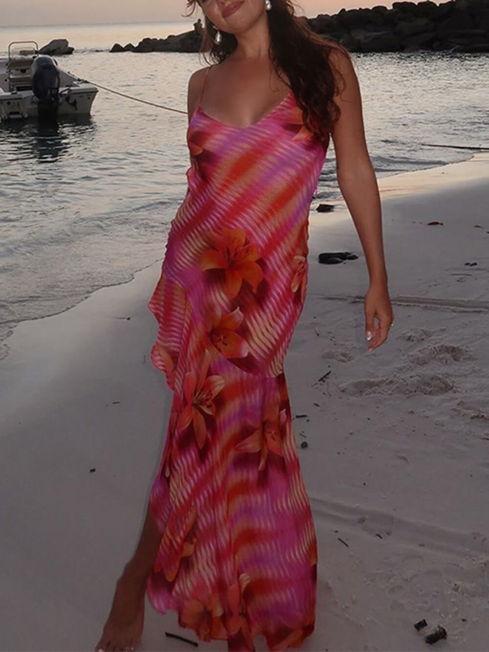 Elegant Printed Strappy Bodycon Silhouette Backless Slit Dress Pink