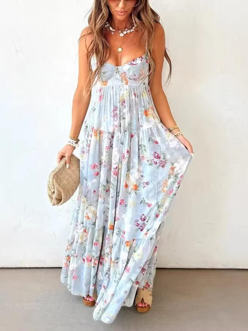 Bohemian Floral Print Spaghetti Strap Flowy Maxi Dress Multicolor