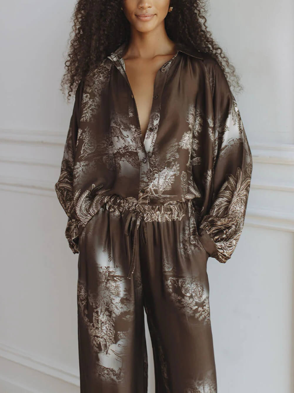 Unique Brown Floral Print Loose Top And Elastic Waist Wide-Leg Pants Set