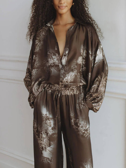 Unique Brown Floral Print Loose Top And Elastic Waist Wide-Leg Pants Set