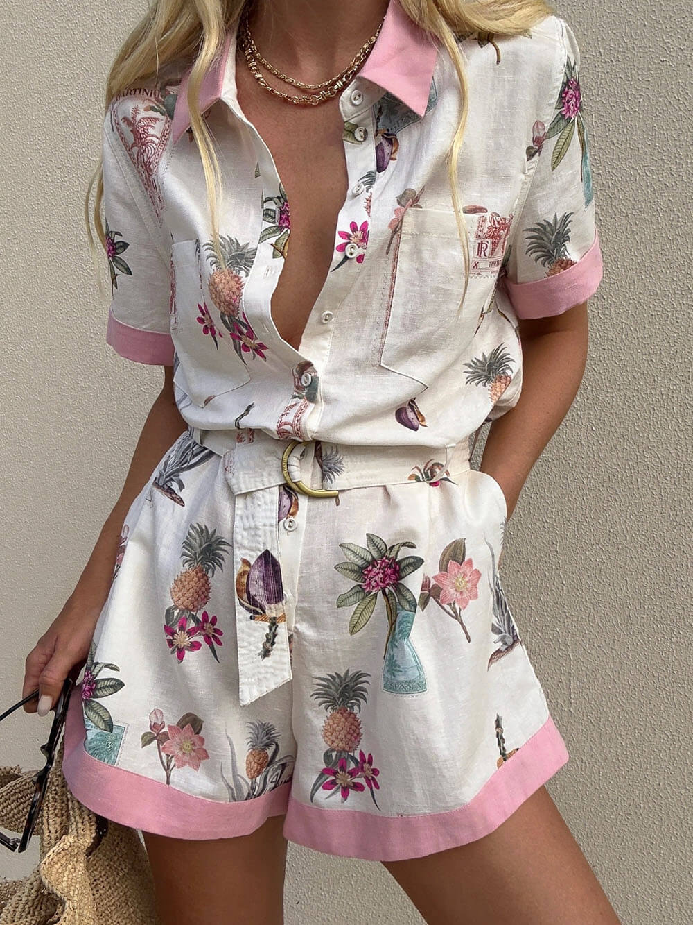 Elegant Floral Print Lace-Up Linen Cardigan Shirt Jumpsuit Pink
