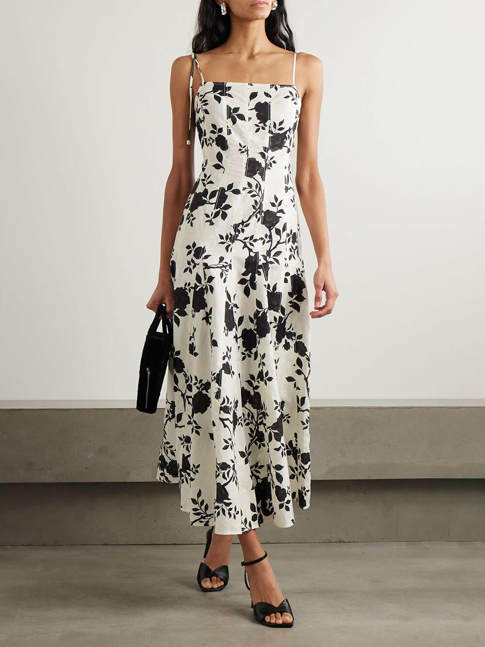 Elegant Floral-Print Linen And Cotton-Blend Midi Dress Black