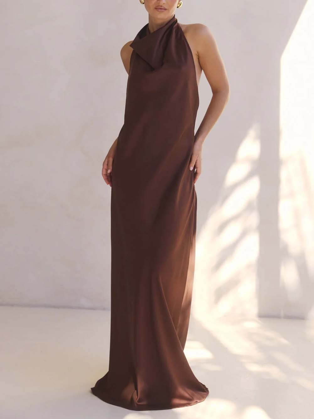 Elegant Halter Draped Neck Satin Backless Maxi Dress Chocolate