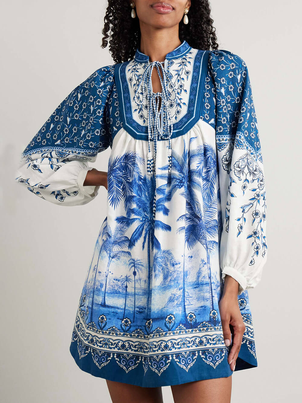Unique Palm Tree Beach Print Linen Mini Dress Blue
