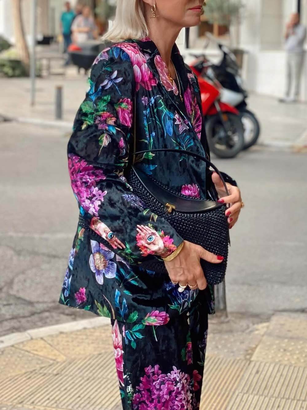 Retro Floral Print Elastic Waist Pocket Wide-Leg Pants