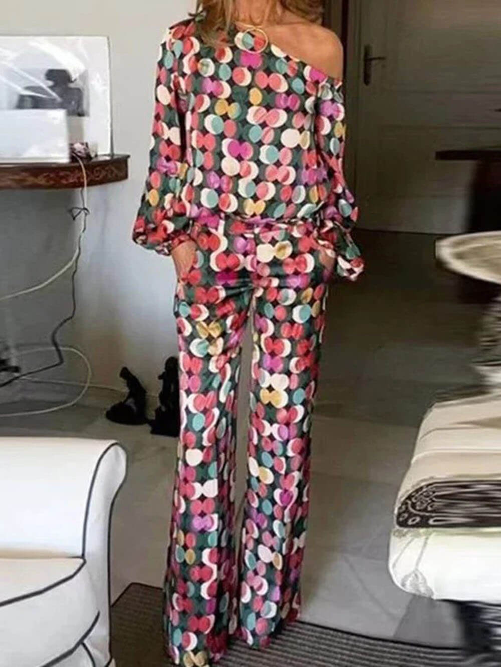Elegant And Unique Large Polka Dot Printed Off-Shoulder Tops Elastic Pockets Straight Pants Suits Pink