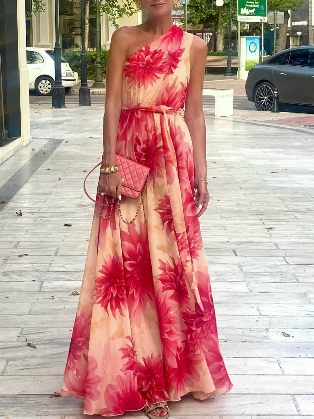 Elegant One-Shoulder Floral Print Tie-Waist Maxi Dress Red
