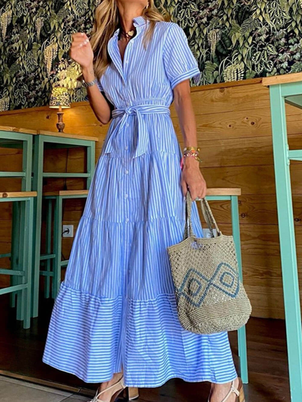Fashionable Striped Print Short-Sleeved Loose Maxi Dress Blue
