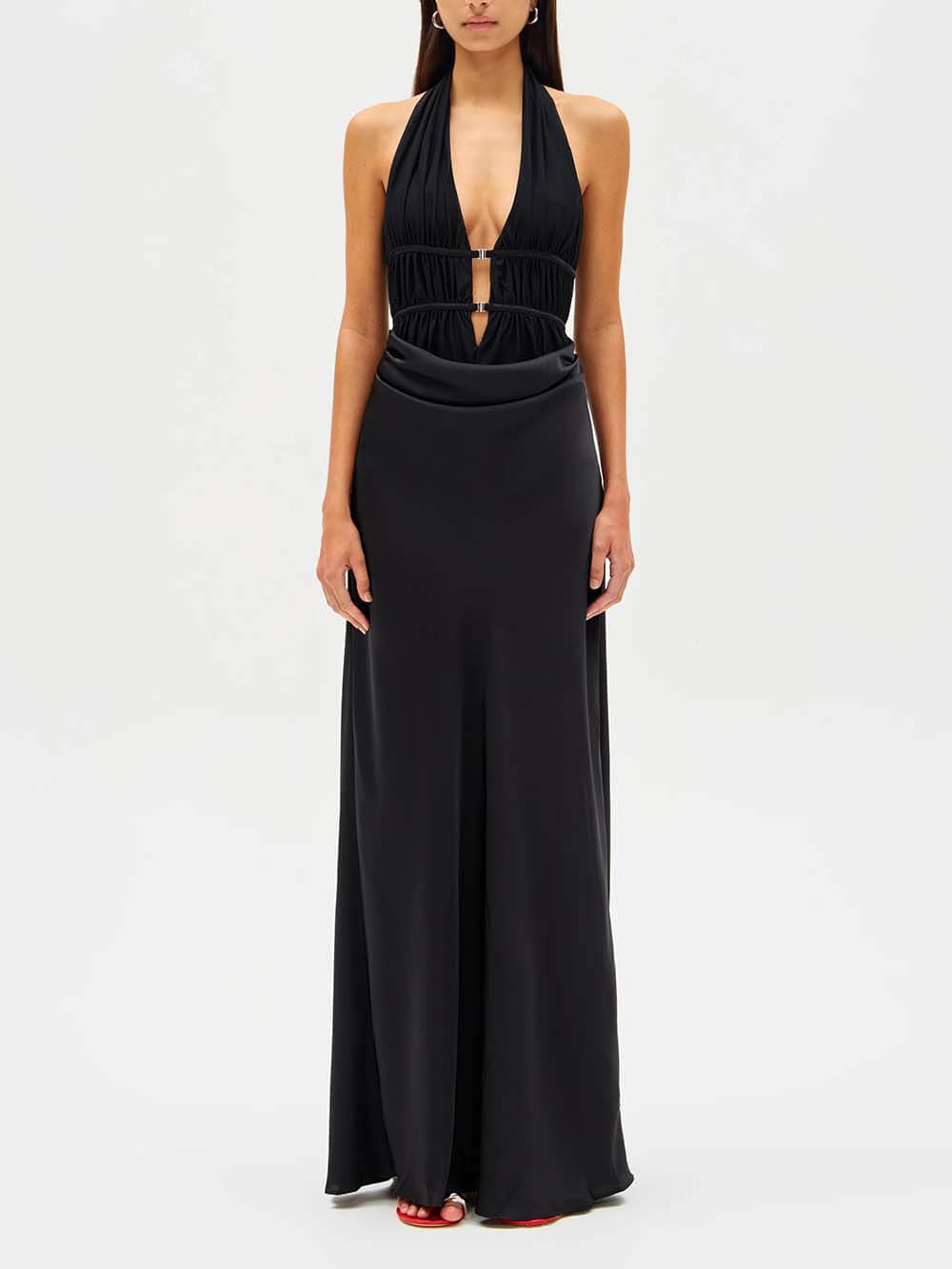 Elegant Mesh Ruched Satin Backless Maxi Dress Black