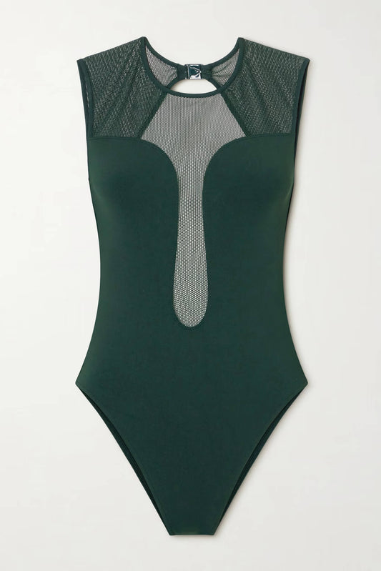 Unique Backless Mesh-Trim One-Piece Swimsuit