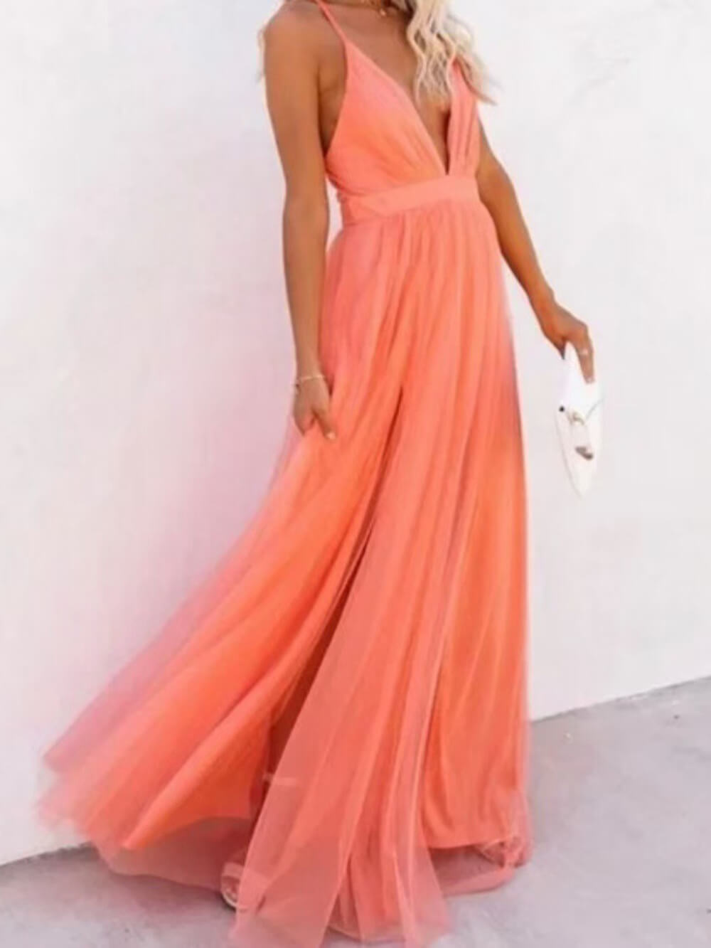 Chic Cut-Out Cross-Strap Chiffon A-Line Maxi Dress Coral