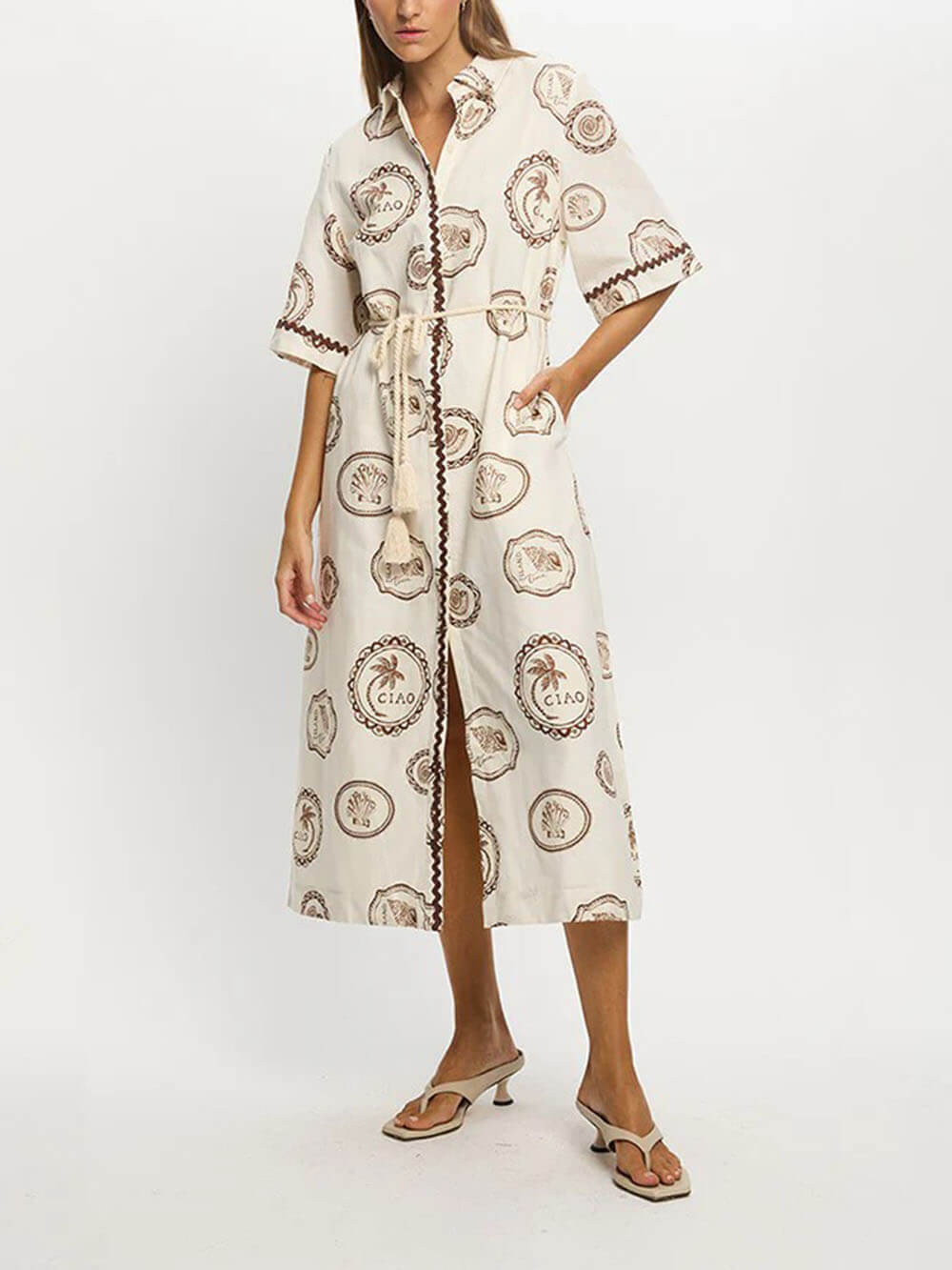 Modern Feel Linen Unique Ocean Print Cardigan Button Midi Dress White