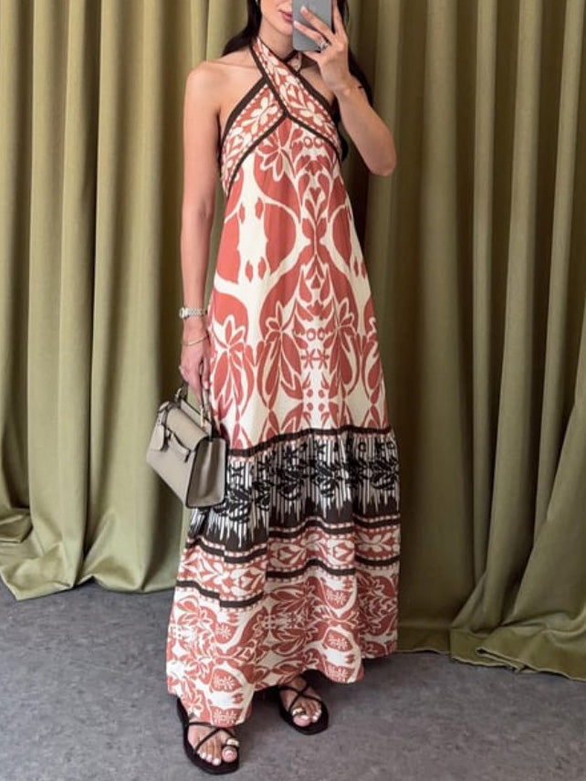 Vintage Floral Print Cross-neck Maxi Dress Orange