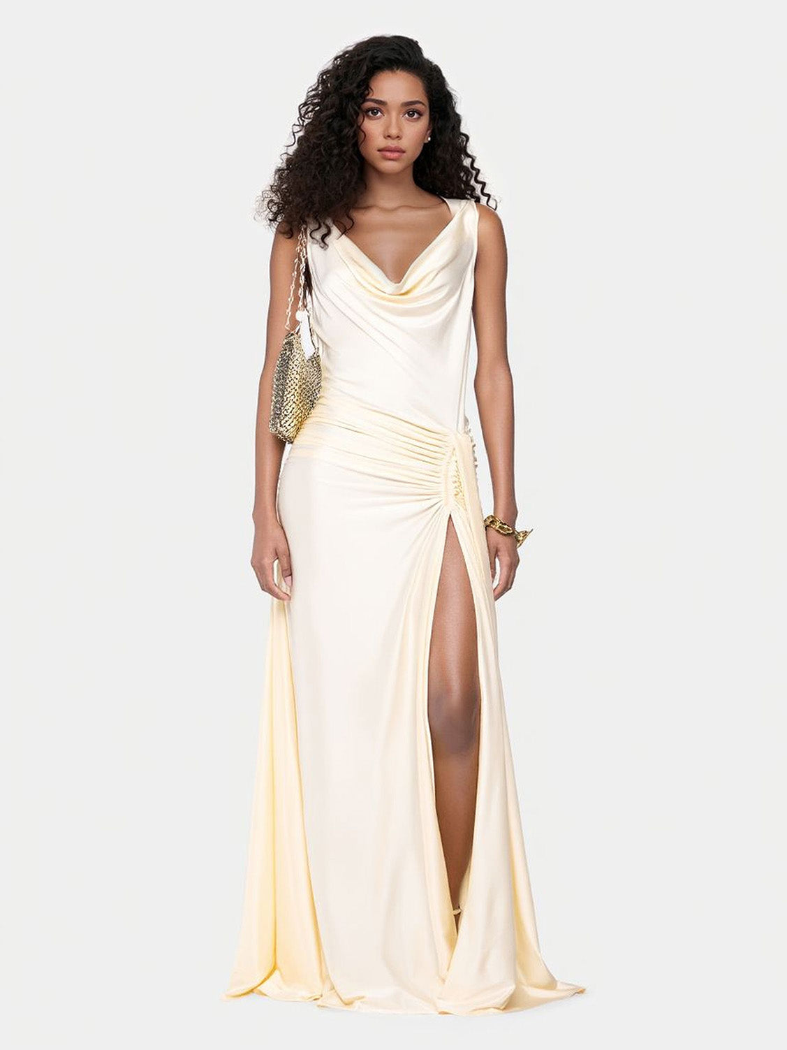 Elegant Draped Neck Satin Maxi Dress Cream